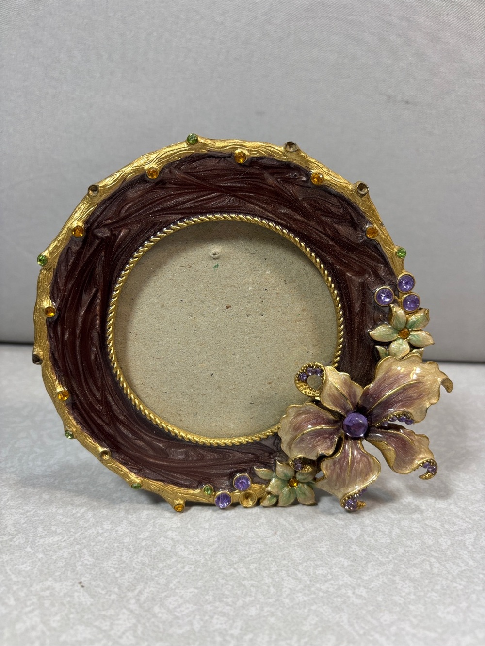 Decorative Purple and Gold Round Frame with Floral and Multicolor Rhinestones